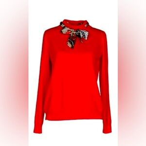 Care of You’s Red turtleneck with Patterned Scarf